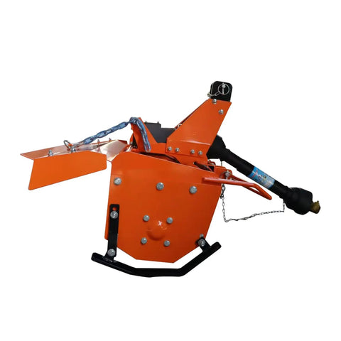 Rotary Tiller Attachment For Cat 1 Tractors, orange, side view, 540 RPM Gearbox, PTO Drive, 53.14 Inch Width, 4.7 Inch Depth, efficient soil prep