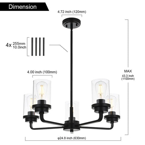 Dimensions of Dope Five Light Black Pendant Chandelier with Glass Cylinder Shades and Gooseneck Arms for Modern Homes.