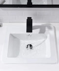 Drop In White Porcelain Vessel Sink With Black Faucet And Pop Up Drain, 21x18 Inch Bathroom Lavatory Basin, top view with water running
