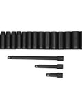 Huge 18 Piece Deep Impact Socket Set 10-24mm Hex Wrench Kit For Car Repair, Machine Maintenance Plus 3 Extension Bars And Neat Storage Box To Tackle Any Tough Job Like A Boss. Deep impact sockets and extension bars laid out