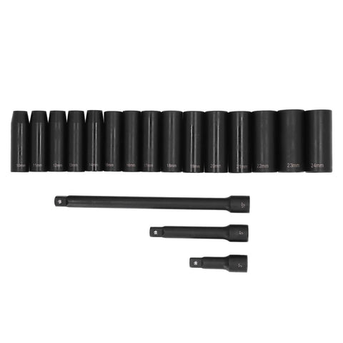 Huge 18 Piece Deep Impact Socket Set 10-24mm Hex Wrench Kit For Car Repair, Machine Maintenance Plus 3 Extension Bars And Neat Storage Box To Tackle Any Tough Job Like A Boss. Deep impact sockets and extension bars laid out