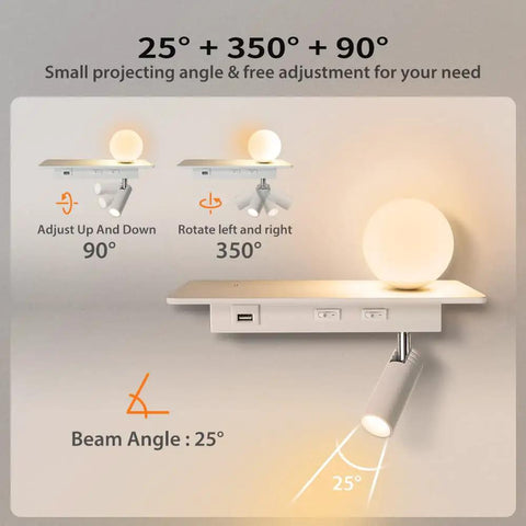 Illustration of the M02 Wall Mounted Reading Light With Romantic Ball Light And USB Port, showing adjustable angles and spotlight beam.