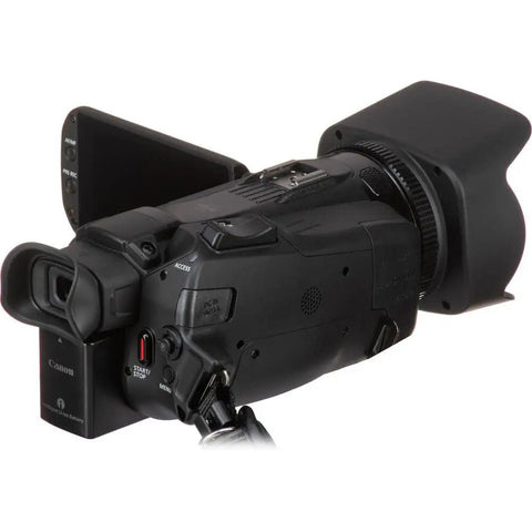 Rear angle view of the HF G70 4K Camcorder with 20x optical zoom, 1/2.3-inch CMOS sensor, dual SD slots, and HDMI output