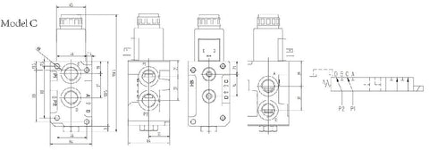 Model C hydraulic solenoid selector/diverter valve CAD blueprint, 3-plug, 12V DC, 13 gpm/50 lpm max flow.