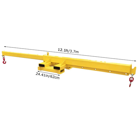 Heavy Duty Forklift Jib Boom Attachment Delivering 4400 Lb Lifting Power With Telescopic Crane Hoist And 12 Foot Reach, yellow steel, 12.1ft length.