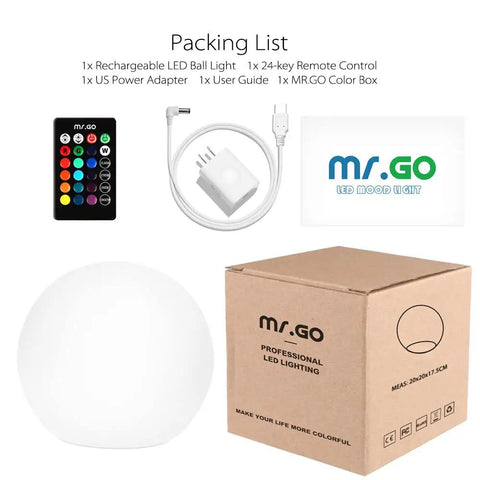Packing list for 8 Inch Ultra Fun Led Glowing Ball Light With Remote RGB Color Changing Globe Mood Lamp, showing remote, adapter, and box
