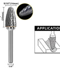 KangTeer carbide burr bit, tungsten steel, 9/16 in head, 1/4 in shank, tree-shaped double-cut (front view) for die grinders