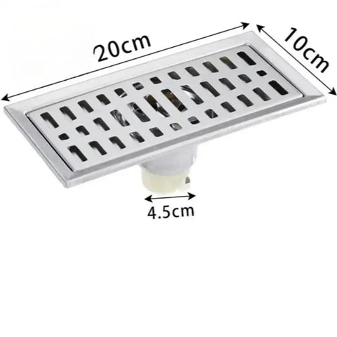 Premium Stainless Steel Rectangular Floor Drain For Bathroom With Massive Flow Deodorant Hair Catcher Slick Shower Grate With Durable Top Tier Light Grey Build dimensions 20cm x 10cm x 4.5cm.