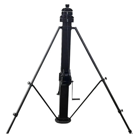 12 Meter Aluminum Telescopic Lift Mast With Manual Crank, sturdy design with tripod legs for stable pole lifting.