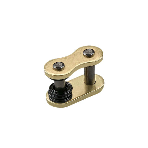 Close-up of a gold master link for 525 X Ring Motorcycle Chain 120 Links With Master Link 525H Heavy Duty Gold Drive Chain.