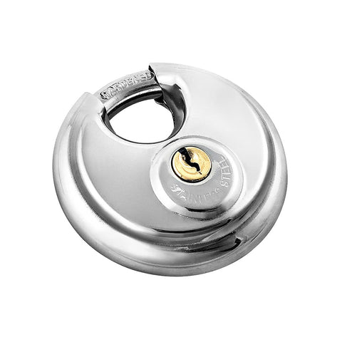 Heavy Duty Disc Padlocks Two Pack Keyed Differently For Storage Units With Three Eighths Inch Shackle Stainless Steel Construction