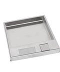 Heavy Duty Recessed Floor Electrical Outlet Kit With No Fuss Pull Handle For Reliable Power Access Durable Flush Mount Socket Cover Plate visible from above in brushed stainless steel.