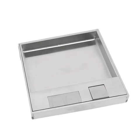 Heavy Duty Recessed Floor Electrical Outlet Kit With No Fuss Pull Handle For Reliable Power Access Durable Flush Mount Socket Cover Plate visible from above in brushed stainless steel.