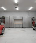 Heavy Duty 12 Piece Steel Garage Cabinet Storage Sets Featuring Lockable Rolling Workbench And Wall Cabinets arranged in a spacious garage.
