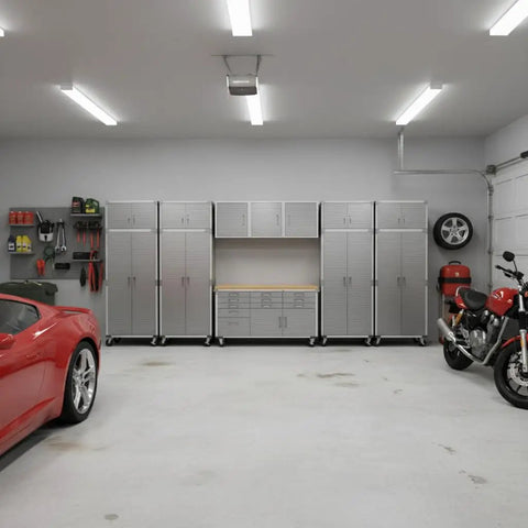 Heavy Duty 12 Piece Steel Garage Cabinet Storage Sets Featuring Lockable Rolling Workbench And Wall Cabinets arranged in a spacious garage.