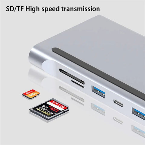 Sweet Slick Plug And Play 12 In 1 Type C Hub Docking Station Featuring 4K Dual HDMI Output And RJ45 Gigabit Internet Port Plus PD Fast Charging For Modern Laptop Users With Heavy Duty Alloy Build with SD/TF card slots.