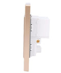 Slick Minimalist Wall Outlet Featuring Built Different Flame Retardant Housing And Straight Up Reliable Overload Protection Crafted To Fit Right In Your Home Office Setup side view with gold finish and white base.