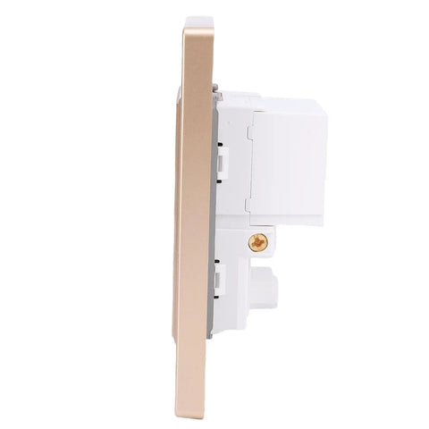 Slick Minimalist Wall Outlet Featuring Built Different Flame Retardant Housing And Straight Up Reliable Overload Protection Crafted To Fit Right In Your Home Office Setup side view with gold finish and white base.