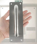 Person holding Two Pack Beefy Stainless Steel Door Pull Handles 8 Inch Heavy Duty Plate Door Pulls For Barn Shed Cupboard Toilet Cabinet Garage With Mounting Screws Rectangle 200mm By 65mm