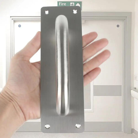 Person holding Two Pack Beefy Stainless Steel Door Pull Handles 8 Inch Heavy Duty Plate Door Pulls For Barn Shed Cupboard Toilet Cabinet Garage With Mounting Screws Rectangle 200mm By 65mm