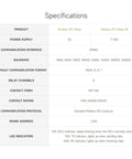 Specifications table for Rugged Modbus RTU 8 Channel Relay Module With RS485 Interface And ABS Enclosure, including power supply and communication details.