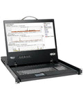 Badass 16 Port Vga Kvm Switch With Integrated 19 Inch Lcd Display Keyboard And Touchpad mounted in a retractable rack drawer.