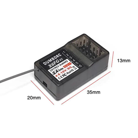 X6FG Built-In Gyro 6-Channel 2.4GHz RC Receiver, dimensions 35x20x13mm, connector ports visible, for Dumborc X6 X4 X6PM-350 Transmitter.