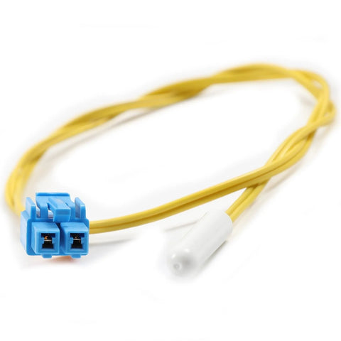 Close-up of DA32-10105X refrigerator temperature sensor cable with yellow wires, blue 2-pin connector and white thermistor probe