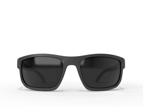 Front view of Wayfarer Style Safety Sunnies with Polarized Smoke Vapor Shield Anti Fog Z87 Glasses Matte Black Frame Shatter Resistant ANSI Compliant