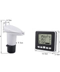 Ultrasonic Liquid Sensor For Water Tank Depth Level Meter With Temperature Display Three Point Three Inch LED Display Easy Setup No Fuss Plug And Play High Low Alarm Min Max Records Indoor Temperature Readout showing sensor and LCD screen.