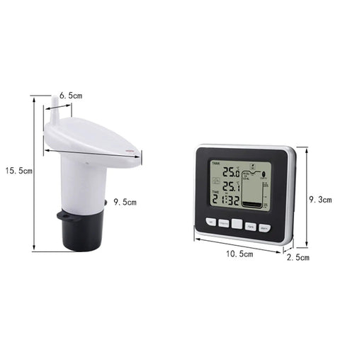Ultrasonic Liquid Sensor For Water Tank Depth Level Meter With Temperature Display Three Point Three Inch LED Display Easy Setup No Fuss Plug And Play High Low Alarm Min Max Records Indoor Temperature Readout showing sensor and LCD screen.