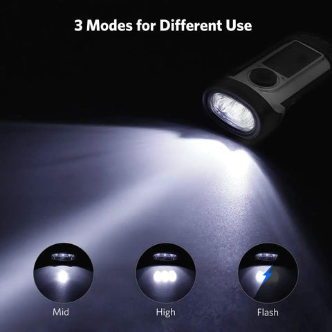 Go To Solar Powered Hand Crank Flashlight For Camping And Outdoors, IPX6 Waterproof Emergency LED Torch showing 3 lighting modes