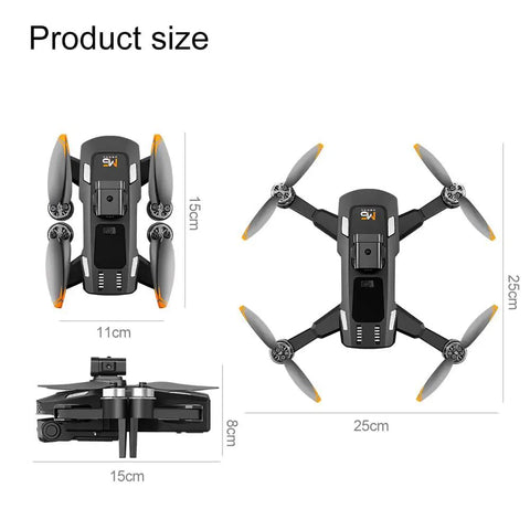 Product dimensions of Dope Dual Camera Drone With Built In LCD Remote Screen For 8K Aerial Photography shown from various angles.