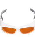 Straight Up Heavy Duty Laser Safety Glasses Broad Spectrum OD Five Plus Coverage Shielding Eyes From Intense Light And Harmful Radiation Wavelengths One Nine Zero To Five Hundred Nm White with orange lenses viewed from the front.