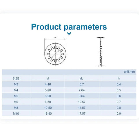Product parameters for Brass Internal Tooth Star Lock Washers Set 200 And 500 Pcs M3 M4 M5 M6 M8 M10 Serrated Gasket.