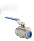 Heavy Duty One Inch Three Way L Type Ball Valve Female Threads 304 Stainless Steel with blue twist handle for plumbing.