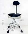 Heavy Duty Foldable Drum Stool With Padded Backrest And Height Adjustable Seat, Rock Solid Steel Frame, Anti Slip Rubber Feet, Tight Control For Piano Guitar Or Live Sessions, Black with dimensions.