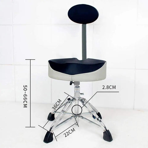 Heavy Duty Foldable Drum Stool With Padded Backrest And Height Adjustable Seat, Rock Solid Steel Frame, Anti Slip Rubber Feet, Tight Control For Piano Guitar Or Live Sessions, Black with dimensions.