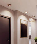 saditesdk 15 Pack Recessed Lighting Housing Trim Kits Rose Gold Led Ceiling Lamp Anti-Glare Led Downlights 5W 3000K/ 4000K/ 6000K Dimmable installed in modern hallway.