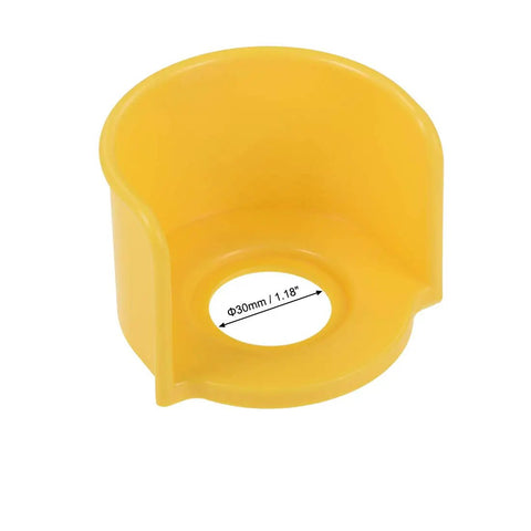 Yellow 30mm Plastic Half Circle Emergency Stop Push Button Protective Cover 72x72x48mm shown from side view, prevents misoperation.