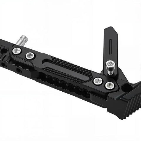 Close-up of Beefy 6061 Aluminum Kickstand For Tuttio Soleil 01 Electric Dirt Bike showing durable black metal construction with screws.