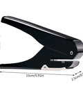 Portable Oval Hole Puncher 1 Inch Hole Size, 10 Sheets Capacity, black design, side view with measurements, adjustable punch tool.