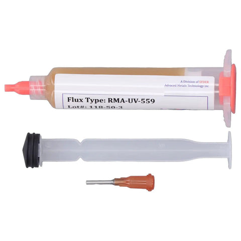 10cc Solder Flux Paste RMA-UV-559 syringe with needle, perfect for sensors, wires, tubes, and BGA chips with high insulation resistance.