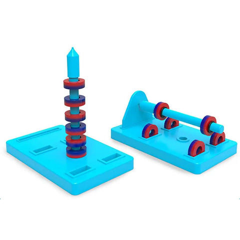 Hands On Magnet Kit For Kids With 13 Magnets And Accessories For STEM Experiments Bar Ring Horseshoe Compass Magnets Include Realistic Physics Toys And Complete Education Tool Set For Home showing stacked ring magnets on stands.
