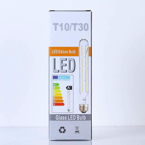 Packaging for 8W Dimmable T10 LED Tubular Bulb 8.9 Inch Long, 800 Lumens, 75 Watt Equivalent, Soft White 3000K, E26 Base, 4 Pack