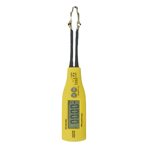 Digital Multimeter With LED Clip Probes For Non Solder Testing, yellow handheld device for PCB repair shown vertically.