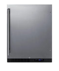 Top Tier Four Cu Ft Upright Frost Free Freezer Crafted In Brushed Stainless Steel featuring ADA compliant height, side view with sleek handle.