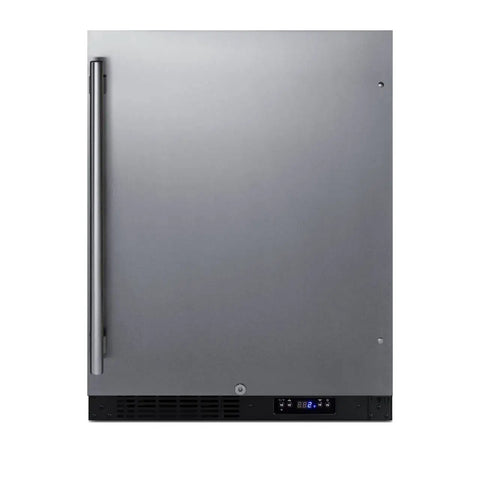 Top Tier Four Cu Ft Upright Frost Free Freezer Crafted In Brushed Stainless Steel featuring ADA compliant height, side view with sleek handle.