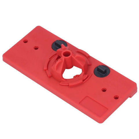 Pro 35mm Hinge Hole Saw Jig Set With ABS Cabinet Locator For Door Installers red base with adjustable depth control features.