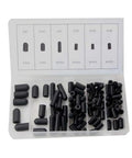 80 Piece Rubber Vacuum Line Cap Assortment Kit For Carburetor Manifold Sealing Repair With 6 Diverse Hose Sizes Including Block Off Plugs To Fix And Seal Air Leaks Quickly And Effortlessly, black rubber caps in organizer case, six sizes